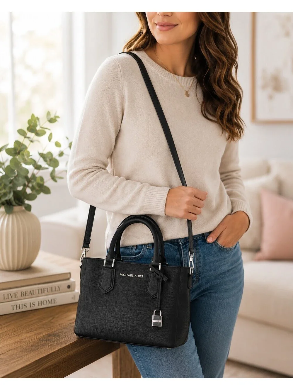 Michael Kors Adele Black Pebbled Leather Satchel Crossbody Bag Silver Hardware